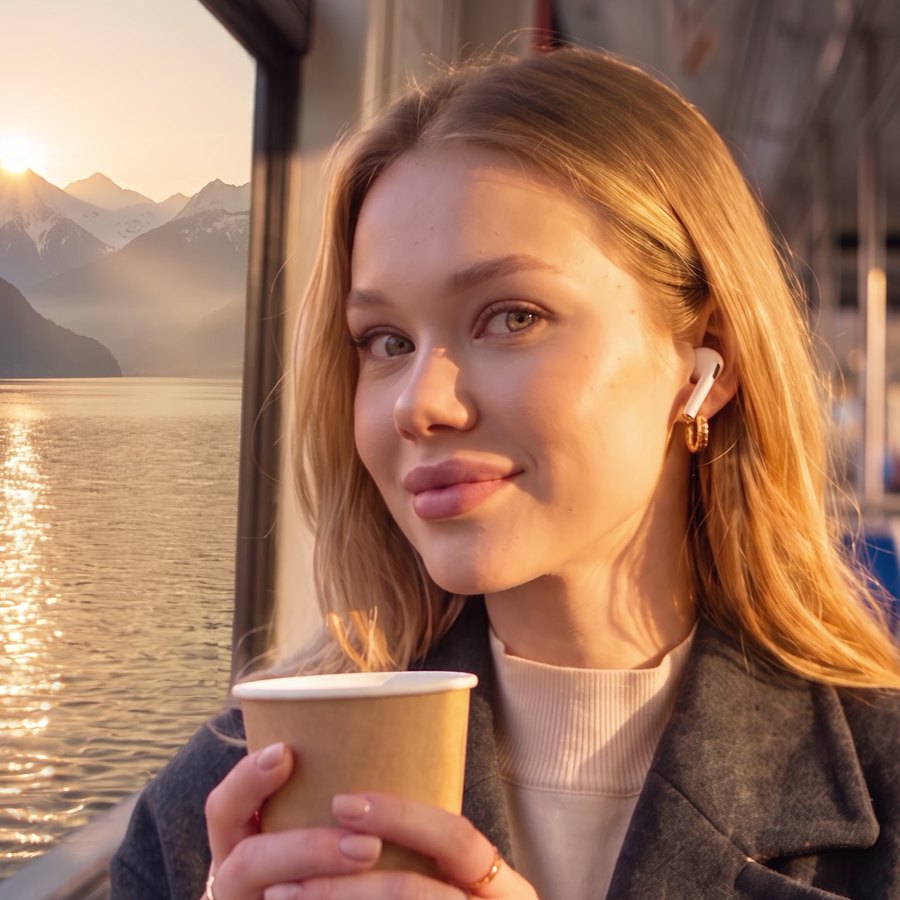 A woman smiles over a paper coffee cup on a train at sunset
