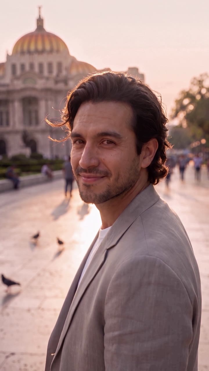 A man turns to the camera with a smile in front of the Palacio de Bellas Artes at sunrise